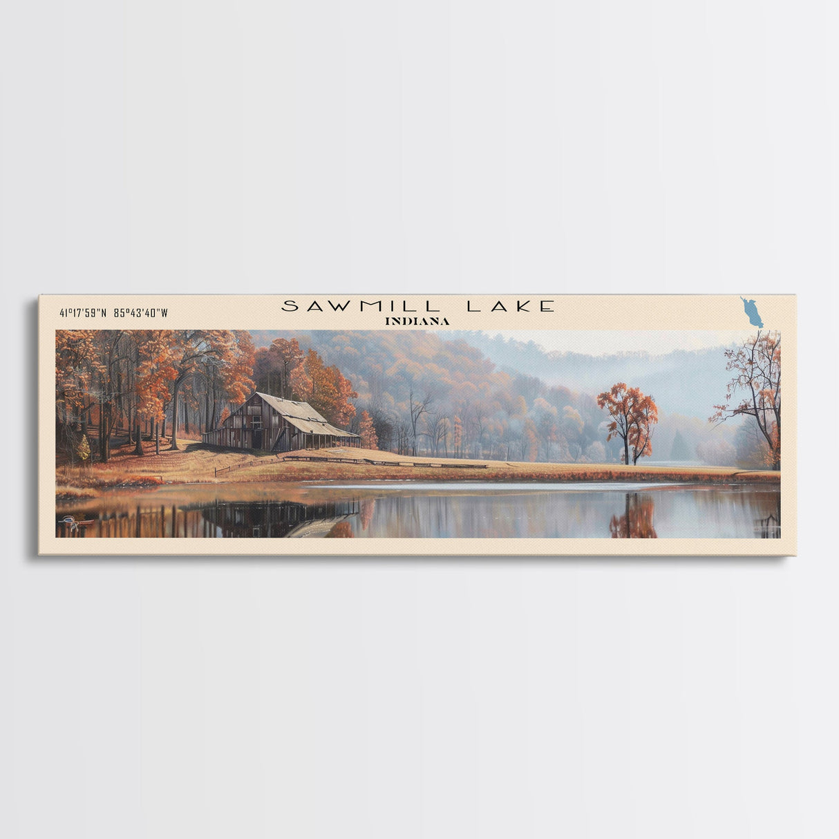 Sawmill Lake Indiana Framed Canvas Print, Lake House Decor, Panoramic Wall Art, Travel Poster, Serene Lake Painting, Bedroom Decor