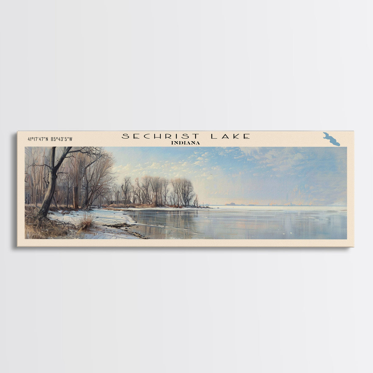 Sechrist Lake Indiana Framed Canvas Print, Lake House Decor, Panoramic Wall Art, Travel Poster, Serene Lake Painting, Bedroom Decor