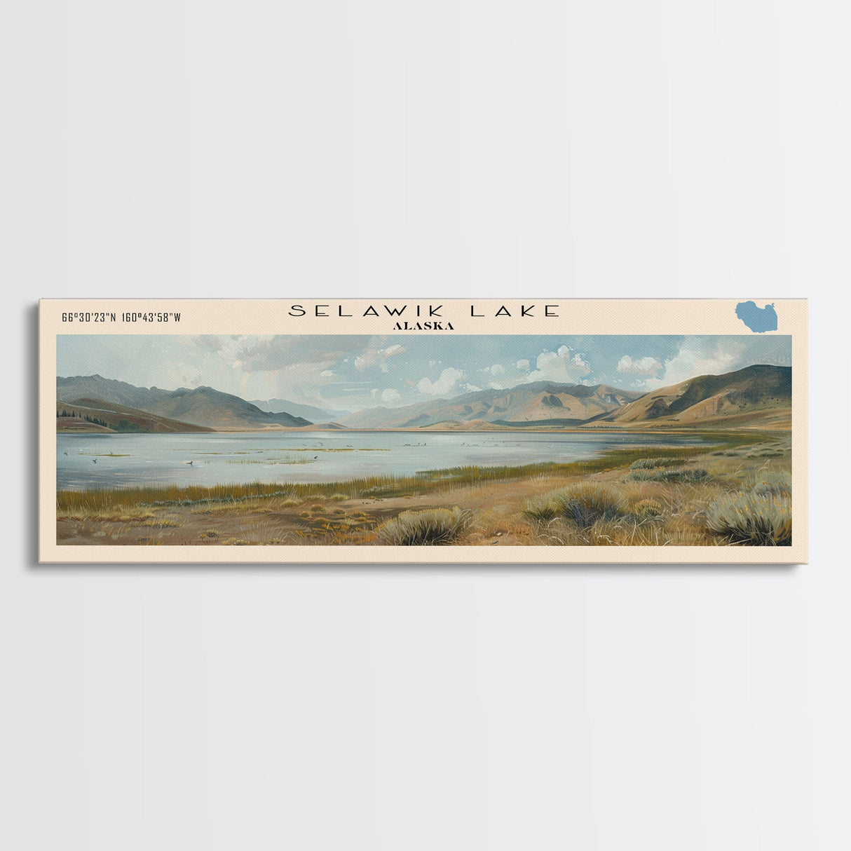 Selawik Lake Framed Canvas Print, Lake House Decor, Panoramic Wall Art, Travel Poster, Beautiful Landscape Painting, Home Decor