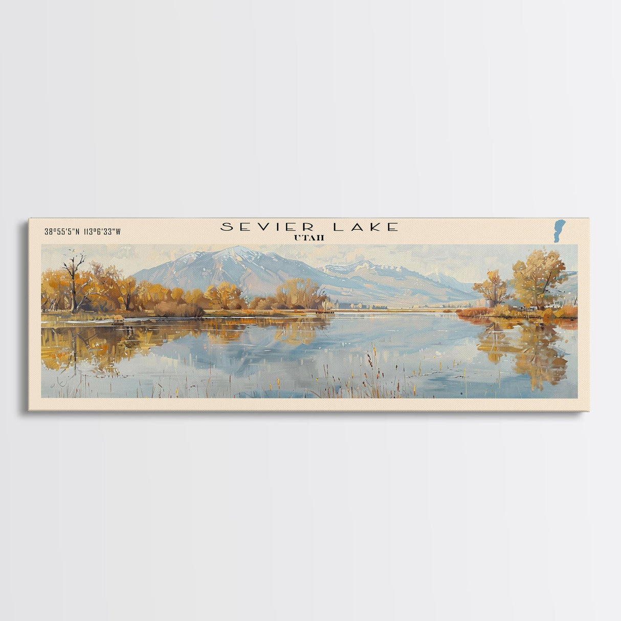 Sevier Lake Utah Panoramic Framed Canvas Print, Lake House Decor, Wall Art, Travel Poster, Tranquil Landscape, Modern Art