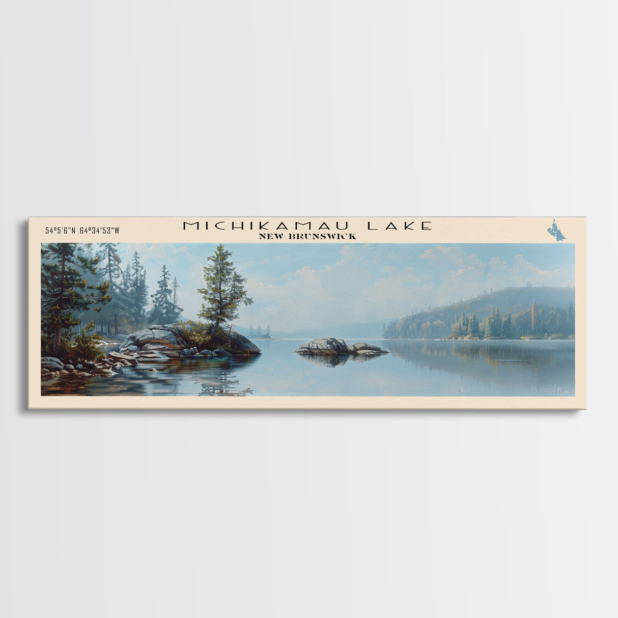 Smallwood Michikamau Lake Panoramic Framed Canvas Print, Lake House Decor, Wall Art, Travel Poster, Scenic Landscape, Bedroom Decor