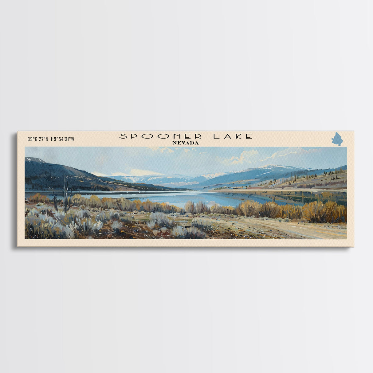 Spooner Lake Nevada Panoramic Framed Canvas Print, Lake House Decor, Wall Art, Travel Poster, Serene Lake Painting, Modern Art