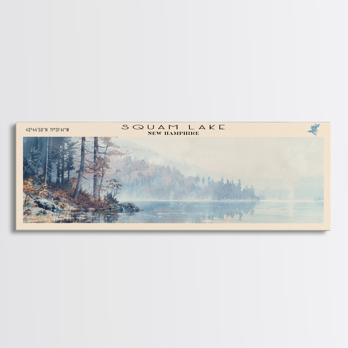 Squam Lake New Hampshire Panoramic Framed Canvas Print, Lake House Decor, Wall Art, Travel Poster, Scenic Landscape, Living Room Decor