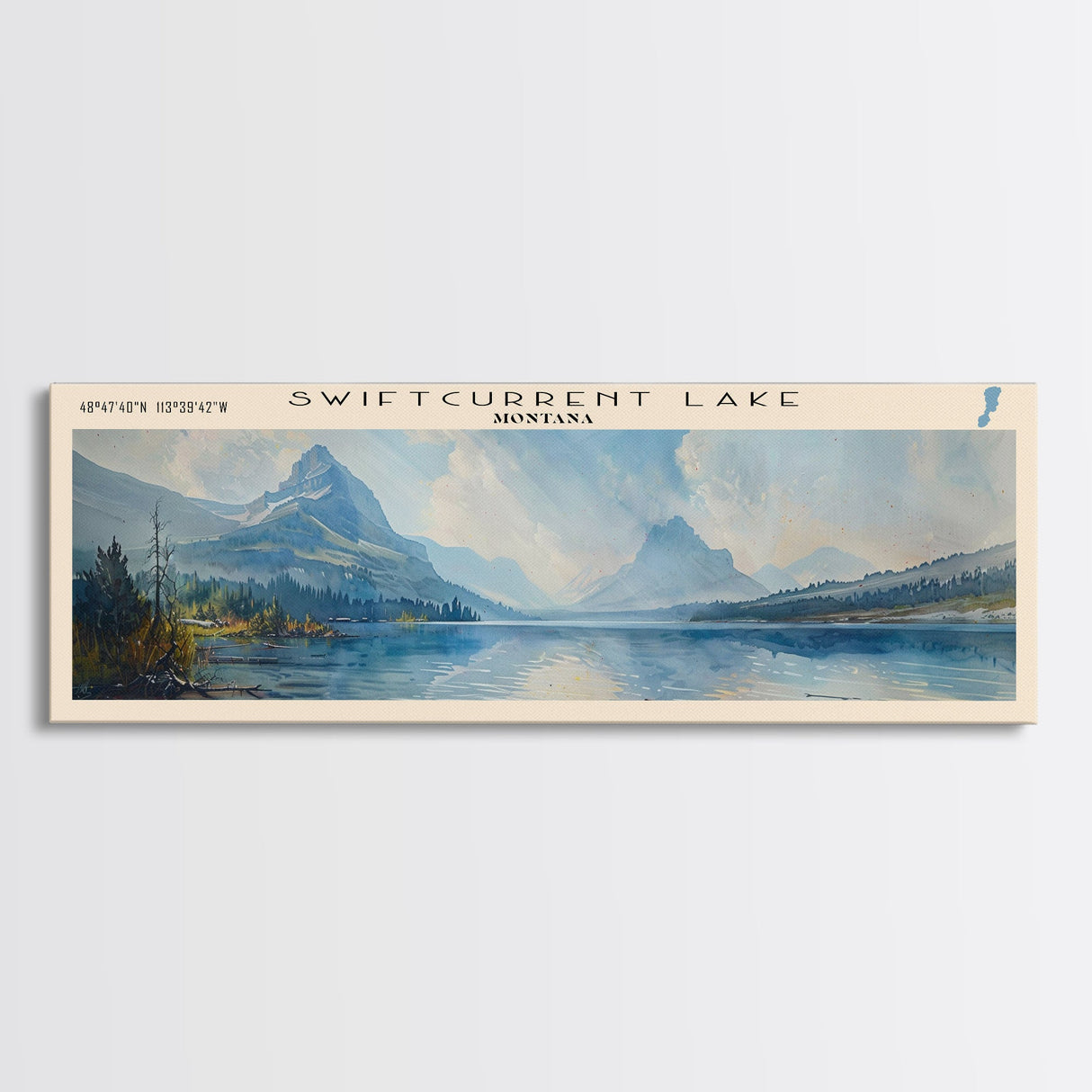 Swiftcurrent Lake Montana Panoramic Wall Art, Framed Canvas Print, Lake House Decor, Travel Poster, Tranquil Landscape, Modern Art, Bedroom Decor