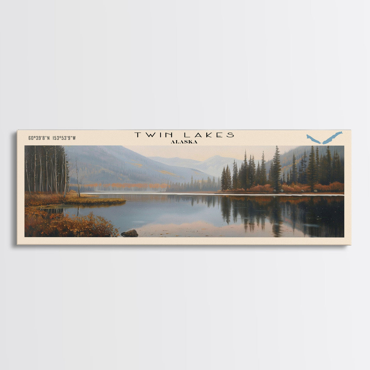 Twin Lakes Panoramic Wall Art, Framed Canvas Print, Lake House Decor, Travel Poster, Scenic Lake Scene, Living Room Art