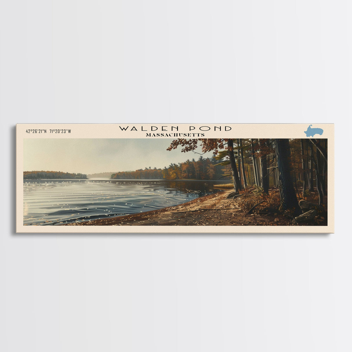 Walden Pond Massachusetts Panoramic Wall Art, Framed Canvas Print, Lake House Decor, Travel Poster, Scenic Lake Scene, Bedroom Decor