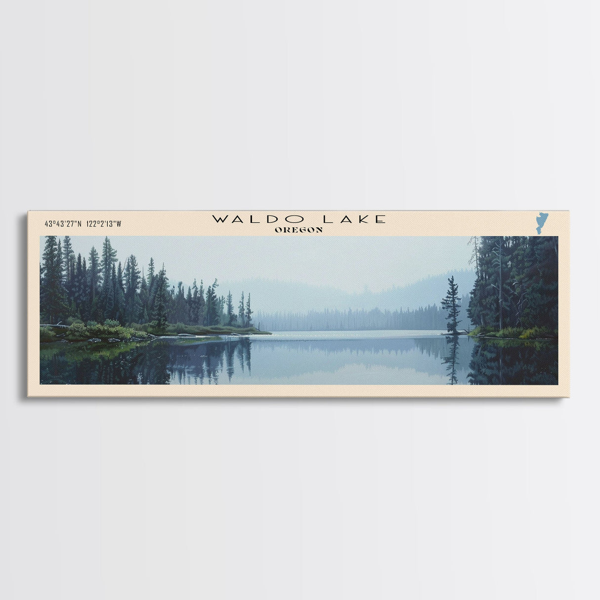 Waldo Lake Oregon Panoramic Wall Art, Framed Canvas Print, Lake House Decor, Travel Poster, Beautiful Lake Scene, Living Room Art