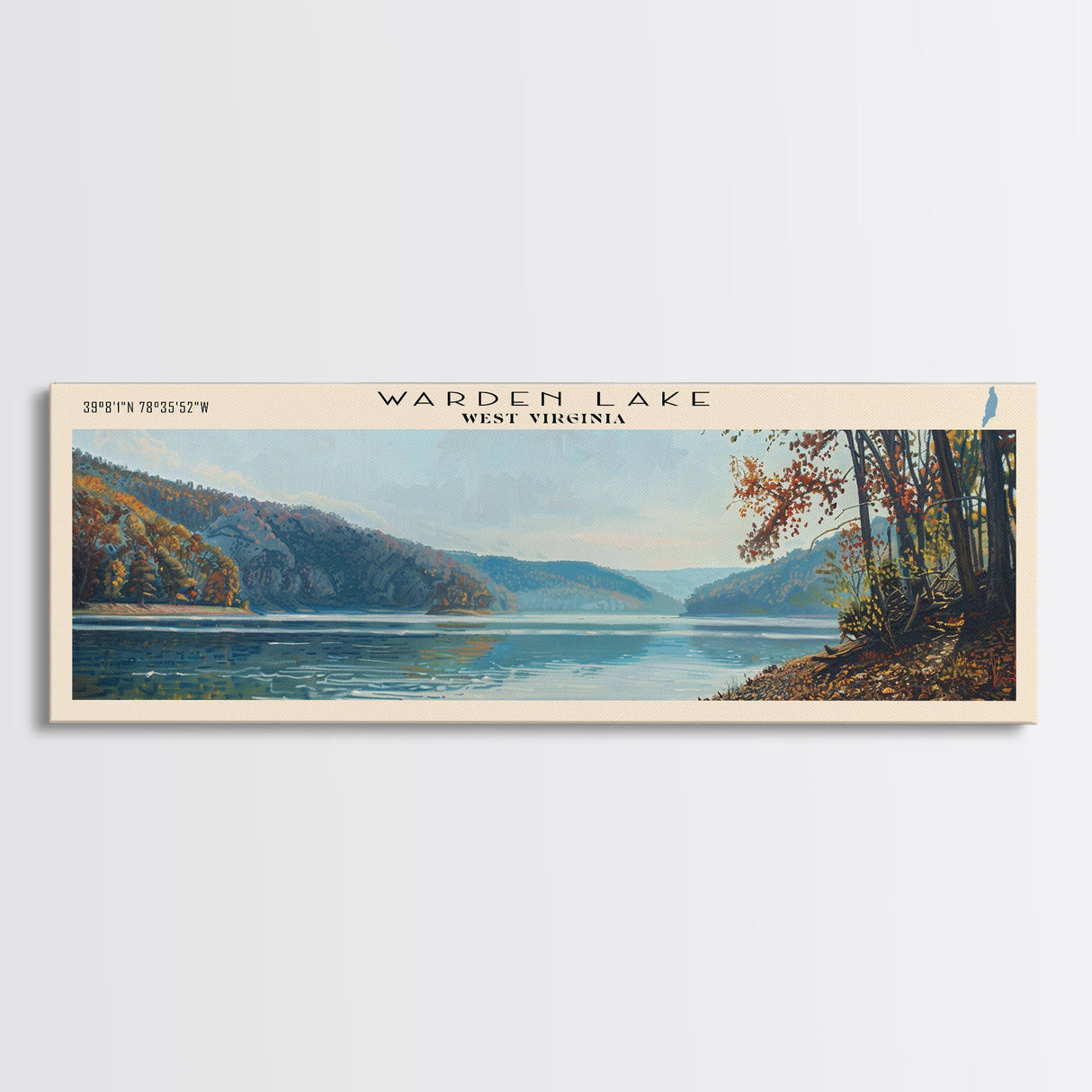 Warden Lake West Virginia Panoramic Wall Art, Framed Canvas Print, Lake House Decor, Travel Poster, Scenic Lake Scene, Living Room Art