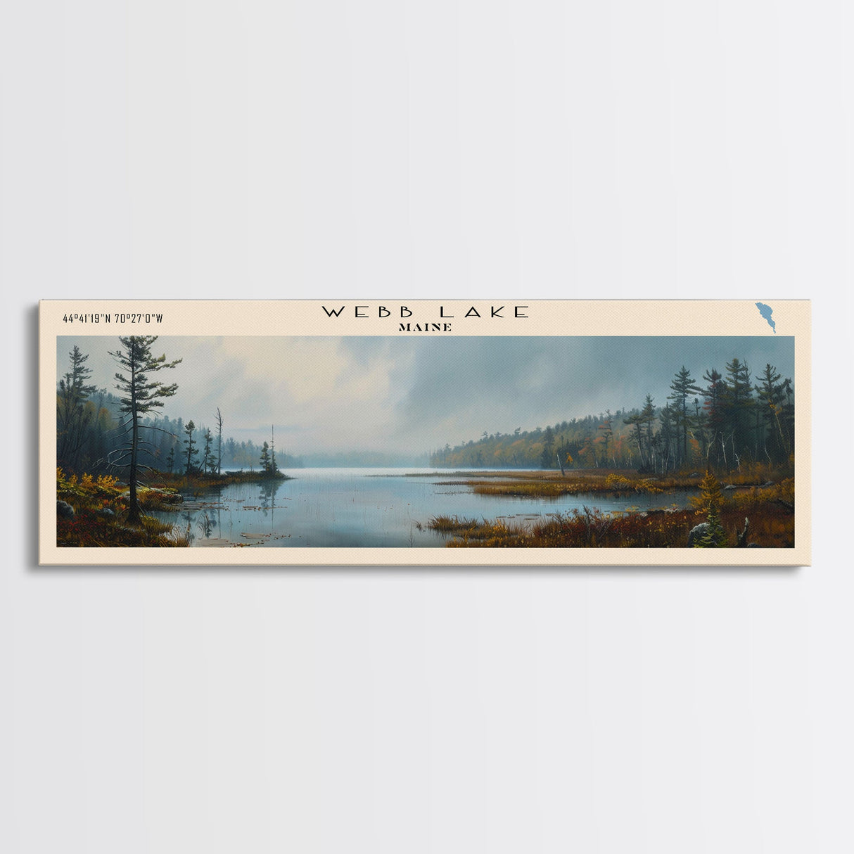 Webb Lake Maine Panoramic Wall Art, Framed Canvas Print, Lake House Decor, Travel Poster, Beautiful Lake Scene, Bedroom Decor