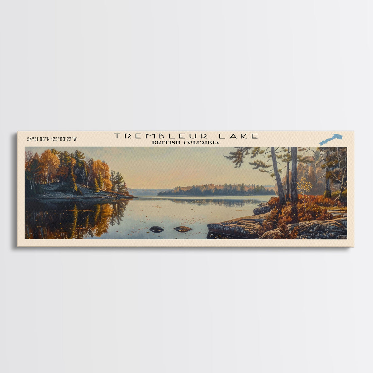 Trembleur Lake Panoramic Wall Art, Framed Canvas Print, Lake House Decor, Travel Poster, Scenic Lake Scene, Living Room Art