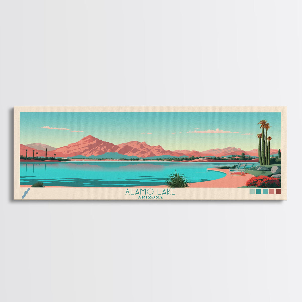 Alamo Lake Arizona Framed Canvas Print, Panoramic Travel Poster, Midcentury Modern Wall Art, Pop Art, Scenic Bedroom Art