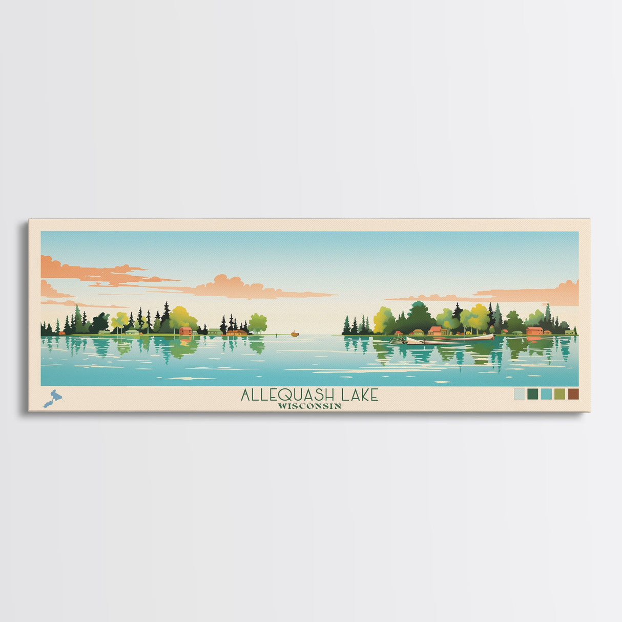 Allequash Lake Wisconsin Framed Canvas Print, Panoramic Wall Art, Midcentury Modern, Pop Art, Travel Poster, Living Room Decor