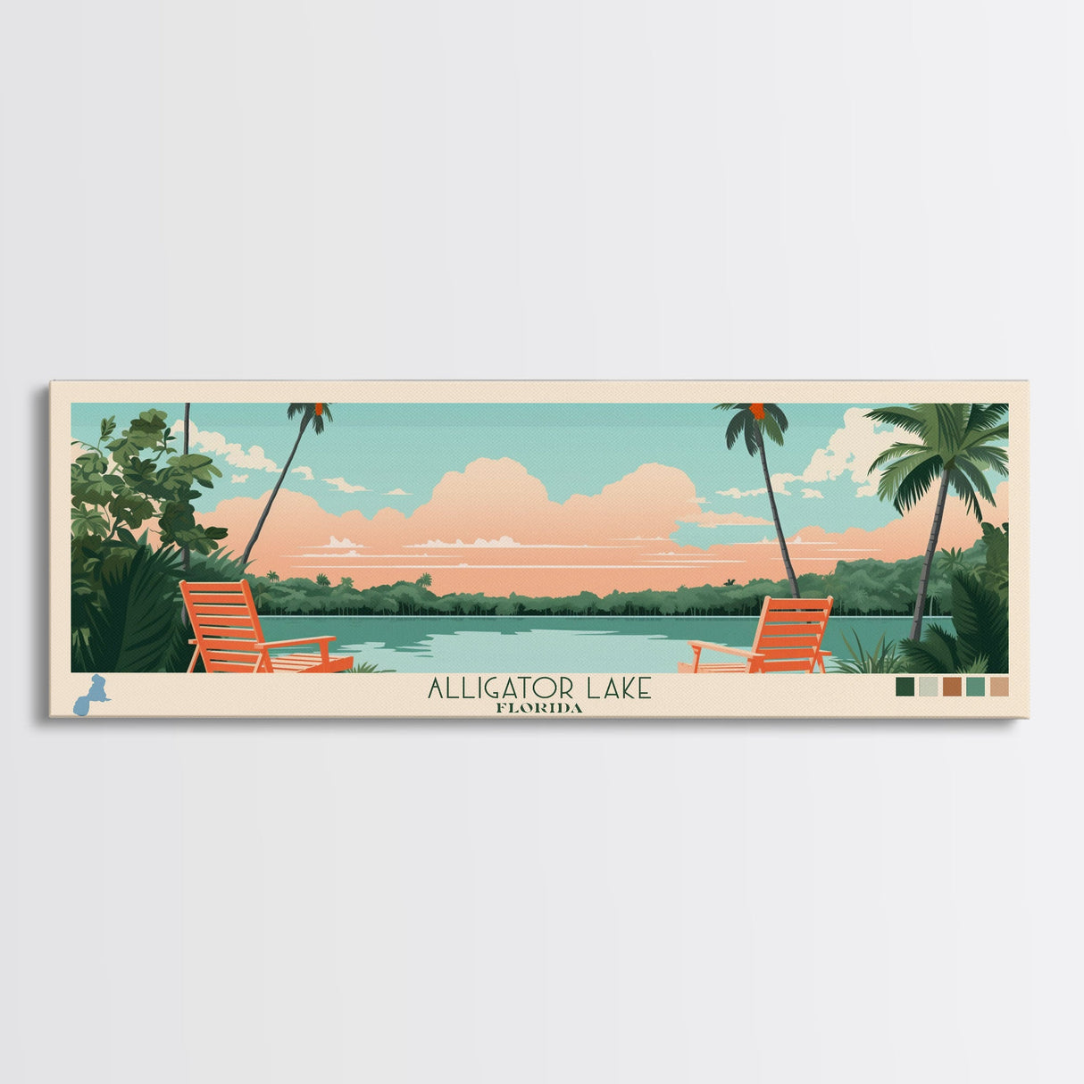 Alligator Lake Florida Framed Canvas Print, Panoramic Travel Poster, Pop Art, Midcentury Modern Wall Art, Scenic Bedroom Decor