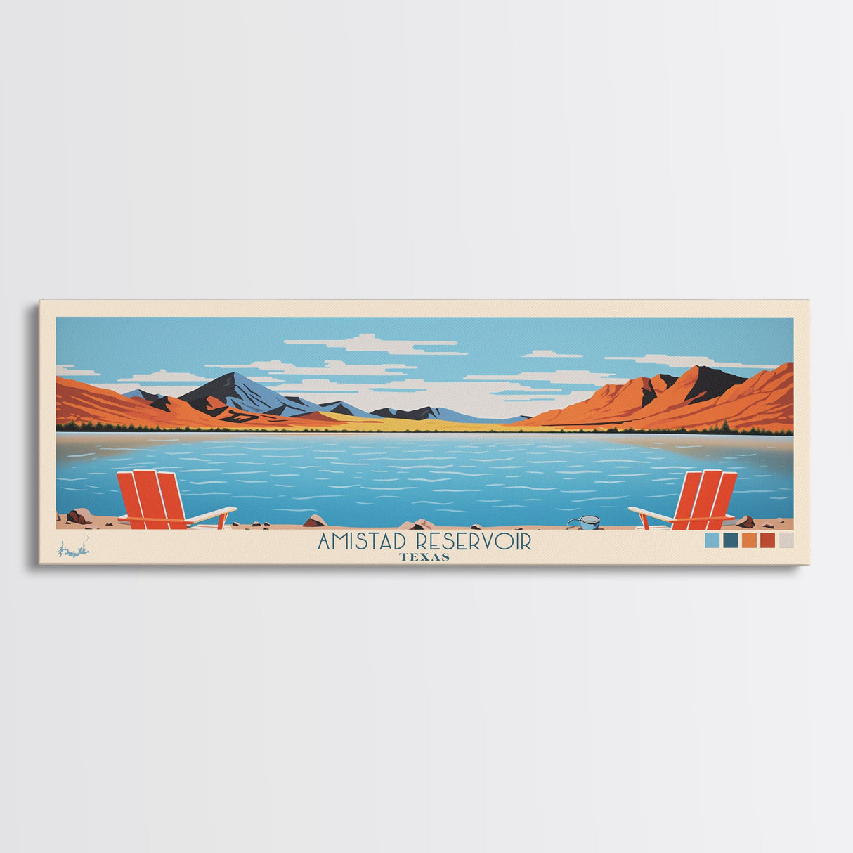 Amistad Reservoir Texas Framed Canvas Print, Panoramic Travel Poster, Midcentury Modern Wall Art, Pop Art, Nature Bedroom Decor