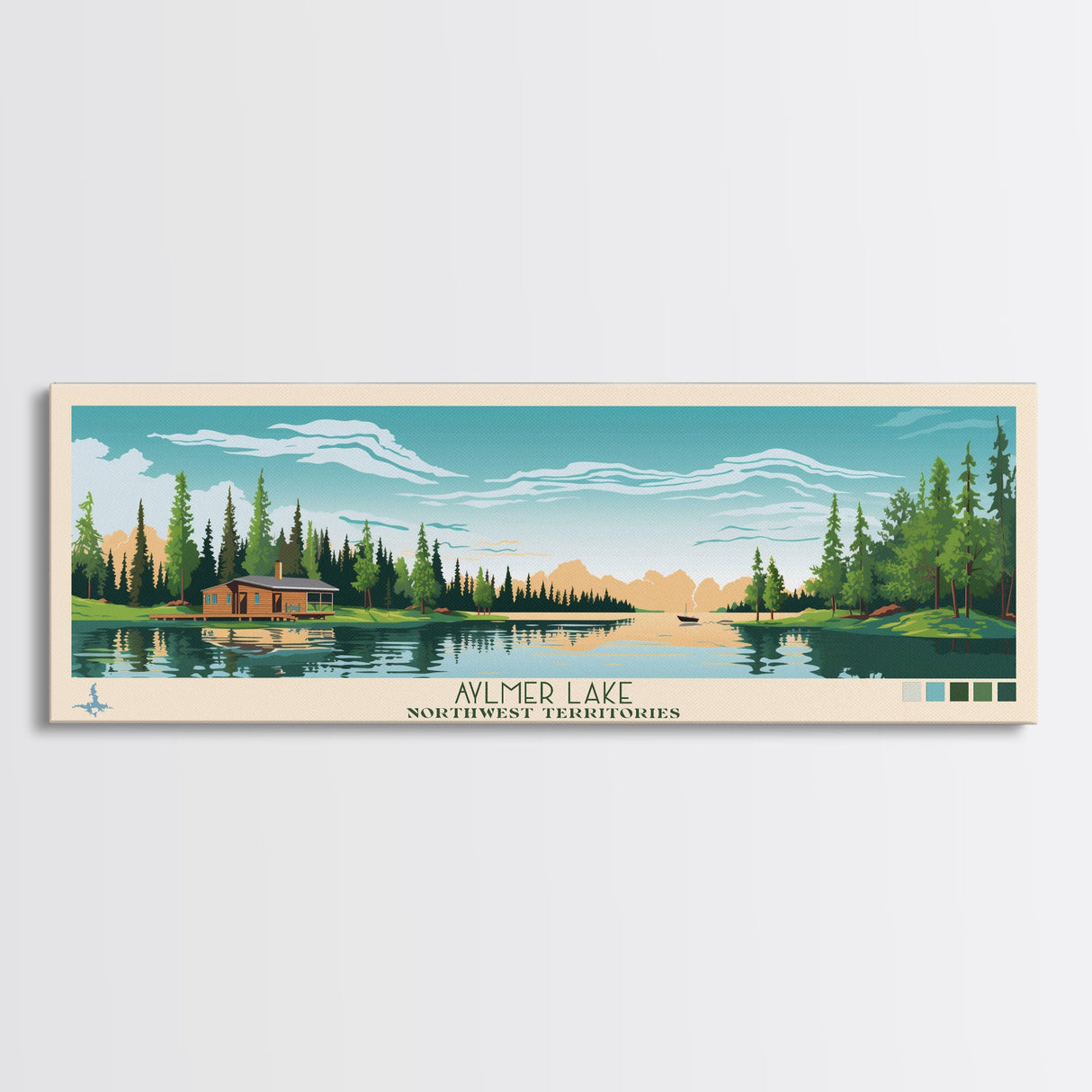 Aylmer Lake Northwest Territories Framed Canvas Print, Panoramic Travel Poster, Midcentury Modern Wall Art, Pop Art, Lake House Decor