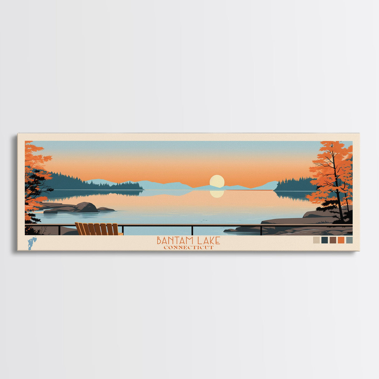 Bantam Lake Connecticut Framed Canvas Print, Panoramic Wall Art, Midcentury Modern, Pop Art, Travel Poster, Scenic Living Room Art