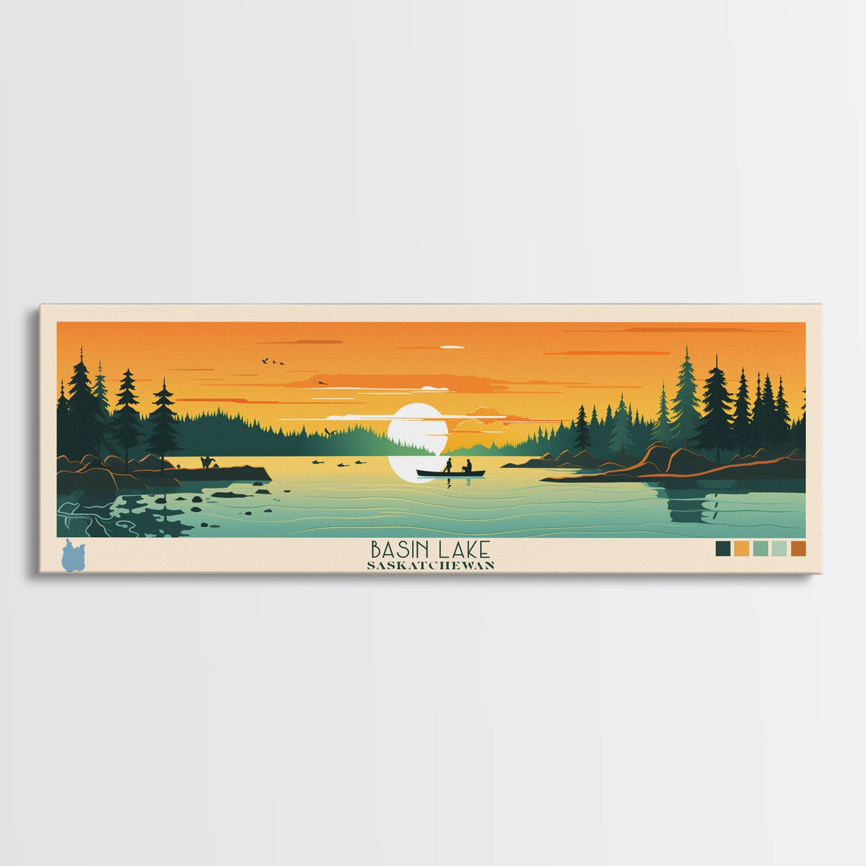 Basin Lake Saskatchewan Framed Canvas Print, Panoramic Wall Art, Midcentury Modern Lake House Decor, Pop Art, Travel Poster, Scenic Living Room Art