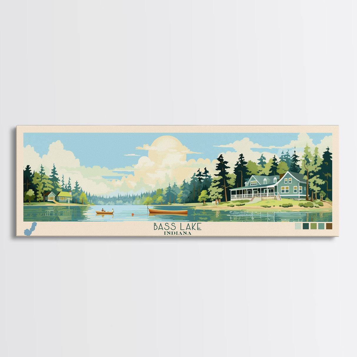 Bass Lake Indiana Framed Canvas Print, Panoramic Travel Poster, Midcentury Modern Wall Art, Pop Art, Nature Bedroom Decor, Lake House Art, Scenic Lake House