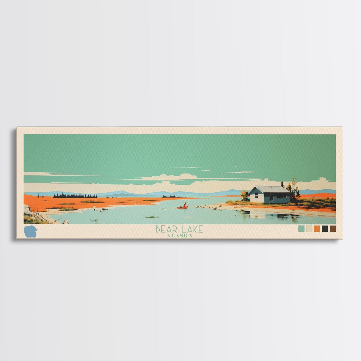 Bear Lake North Slope Alaska Framed Canvas Print, Panoramic Travel Poster, Midcentury Modern Wall Art, Pop Art, Lake House Decor, Nature Art