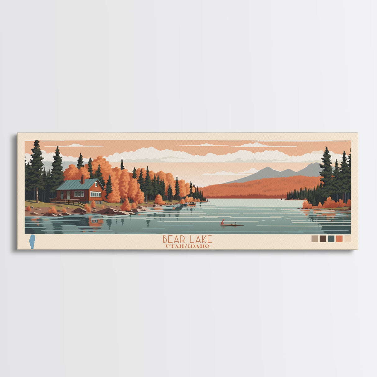 Bear Lake Utah Idaho Framed Canvas Print, Panoramic Travel Poster, Midcentury Modern Wall Art, Pop Art, Nature Living Room Art, Lake House Decor