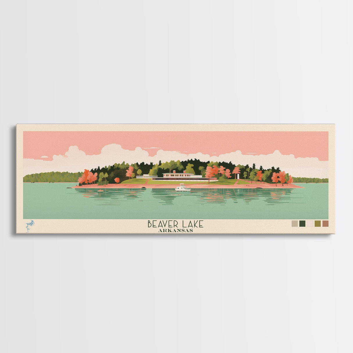 Beaver Lake Arkansas Framed Canvas Print, Panoramic Wall Art, Midcentury Modern, Pop Art, Travel Poster, Scenic Lake House Art, Bedroom Decor