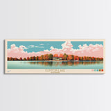 Clinton Lake Illinois Framed Canvas Print, Midcentury Modern Panoramic Wall Art, Living Room Decor, Pop Art, Travel Poster Art, Scenic Nature Painting, Lake House Decor