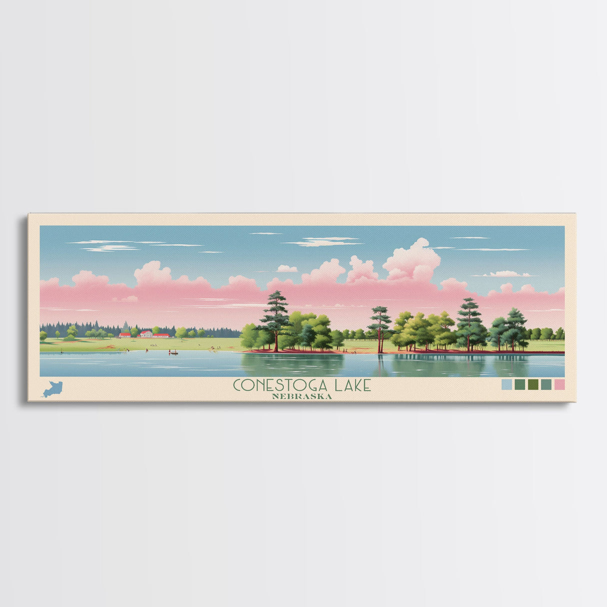 Conestoga Lake Nebraska Framed Canvas Print, Pop Art Panoramic Travel Poster, Midcentury Modern, Wall Art, Scenic Nature Painting, Bedroom Decor, Living Room Art