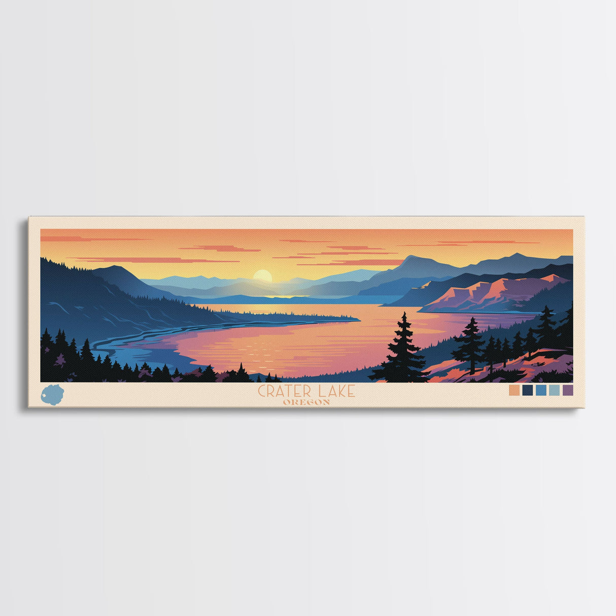 Crater Lake Oregon Framed Canvas Print, Pop Art Panoramic Travel Poster, Midcentury Modern, Wall Art, Scenic Nature Painting, Bedroom Decor, Living Room Art