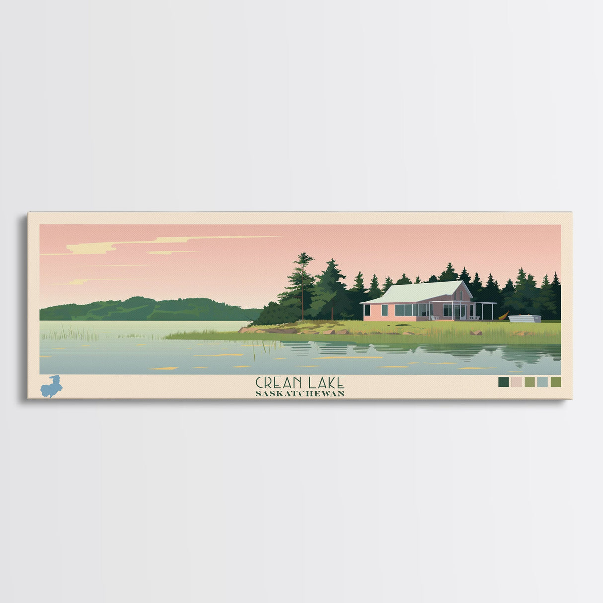 Crean Lake Saskatchewan Framed Canvas Print, Midcentury Modern Panoramic Wall Art, Living Room Decor, Pop Art, Travel Poster Art, Scenic Nature Painting, Lake House Decor