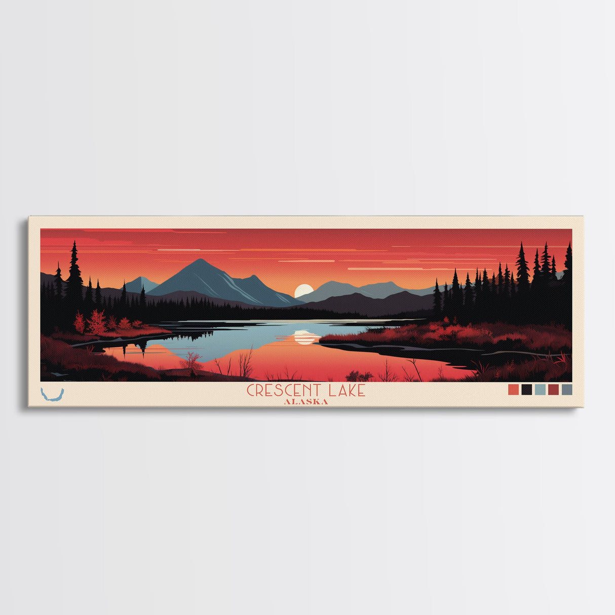 Crescent Lake Alaska Framed Canvas Print, Pop Art Panoramic Travel Poster, Midcentury Modern, Wall Art, Scenic Nature Painting, Bedroom Decor, Living Room Art