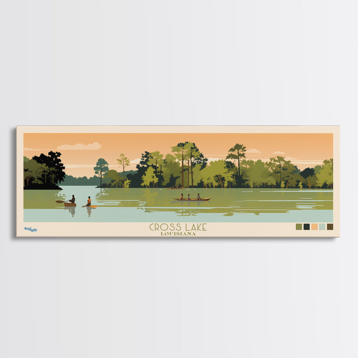 Cross Lake Louisiana Framed Canvas Print, Midcentury Modern Panoramic Wall Art, Living Room Decor, Pop Art, Travel Poster Art, Scenic Nature Painting, Lake House Decor