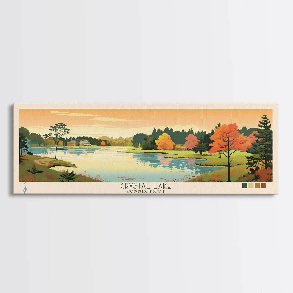 Crystal Lake Connecticut Framed Canvas Print, Pop Art Panoramic Travel Poster, Midcentury Modern, Wall Art, Scenic Nature Painting, Bedroom Decor, Living Room Art