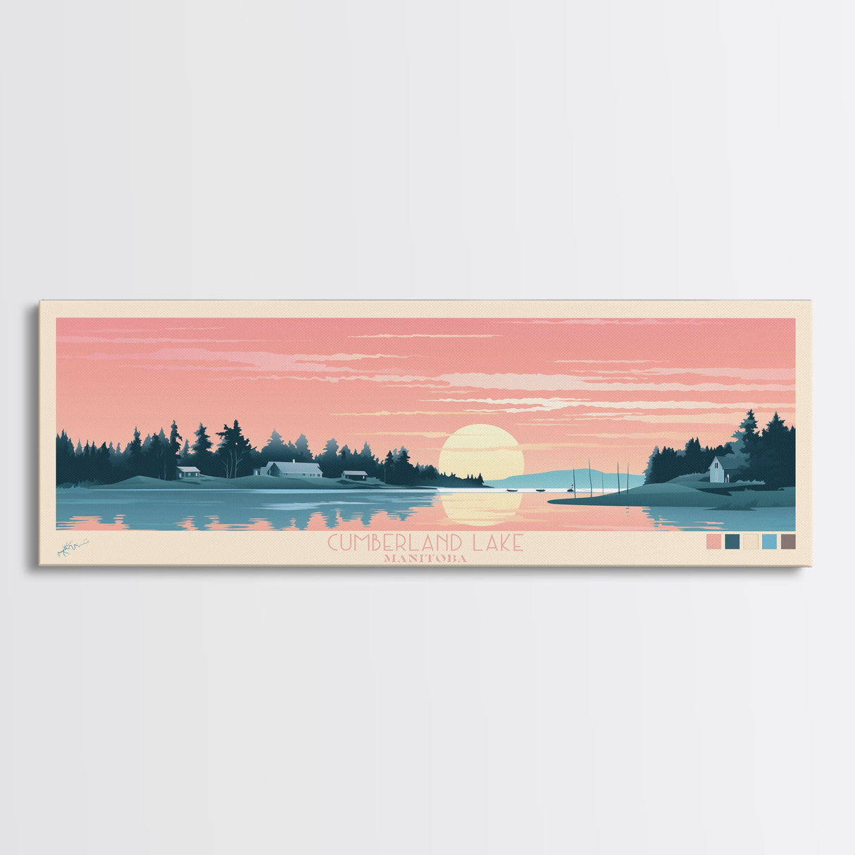 Cumberland Lake Manitoba Framed Canvas Print, Midcentury Modern Panoramic Wall Art, Living Room Decor, Pop Art, Travel Poster Art, Scenic Nature Painting