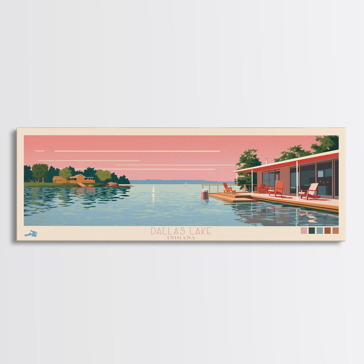 Dallas Lake Indiana Framed Canvas Print, Midcentury Modern Panoramic Wall Art, Bedroom Decor, Pop Art, Travel Poster Art, Scenic Nature Painting