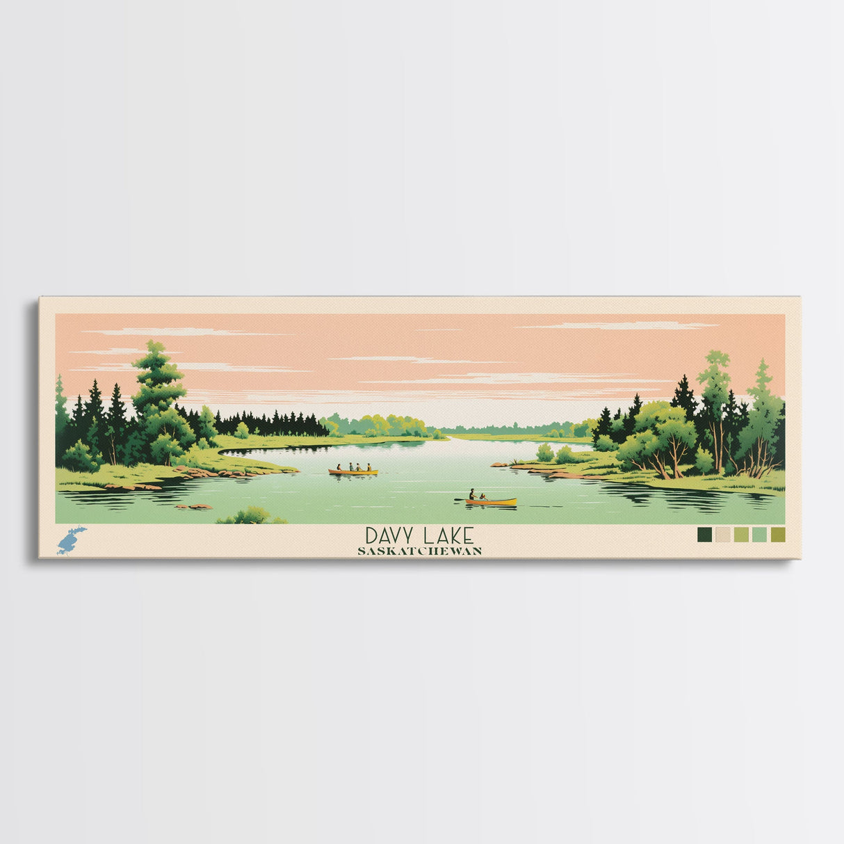 Davy Lake Saskatchewan Framed Canvas Print, Midcentury Modern Panoramic Wall Art, Living Room Decor, Pop Art, Travel Poster Art, Scenic Nature Painting