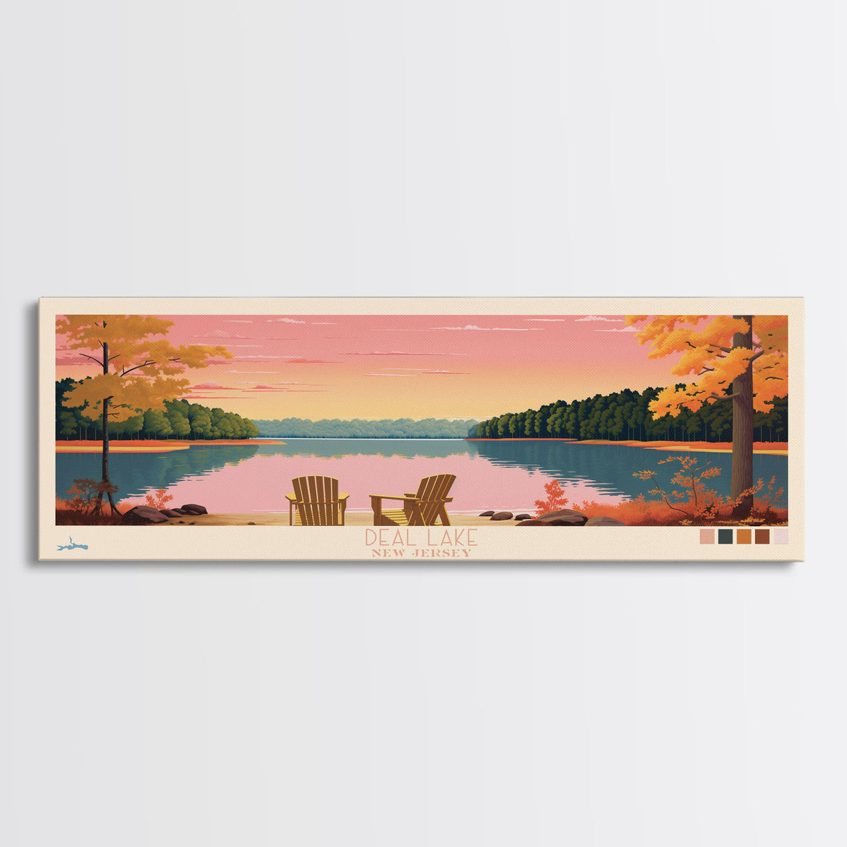 Deal Lake New Jersey Framed Canvas Print, Midcentury Modern Panoramic Wall Art, Living Room Decor, Pop Art, Travel Poster Art, Scenic Nature Painting