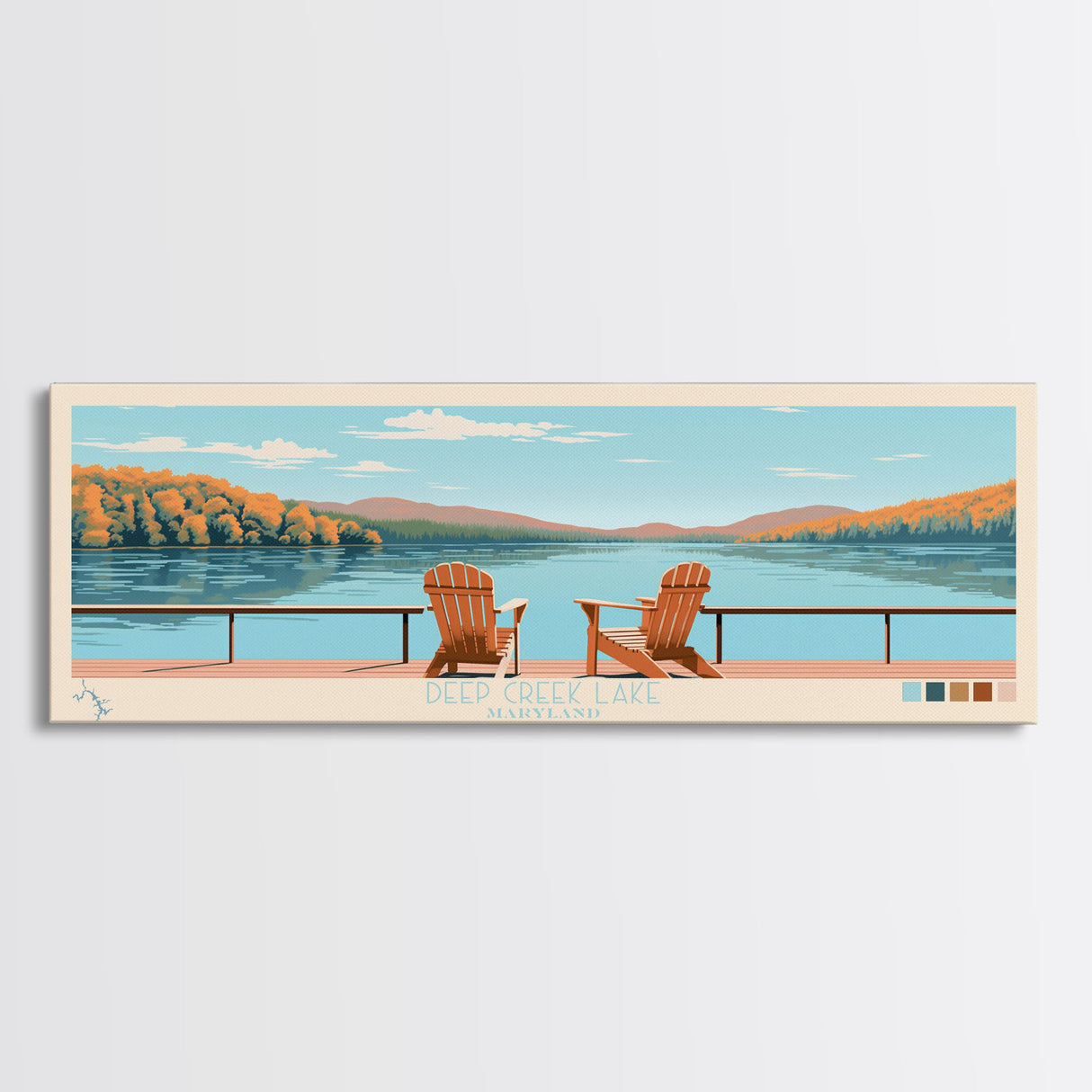 Deep Creek Lake Maryland Framed Canvas Print, Midcentury Modern Panoramic Wall Art, Living Room Decor, Pop Art, Travel Poster Art, Scenic Nature Painting