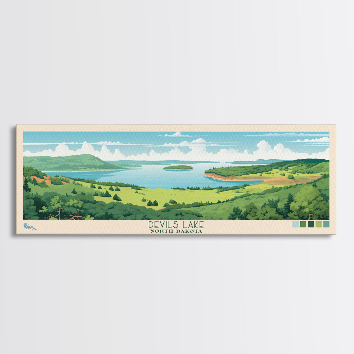 Devils Lake North Dakota Framed Canvas Print, Midcentury Modern Panoramic Wall Art, Living Room Decor, Pop Art, Travel Poster Art, Scenic Nature Painting