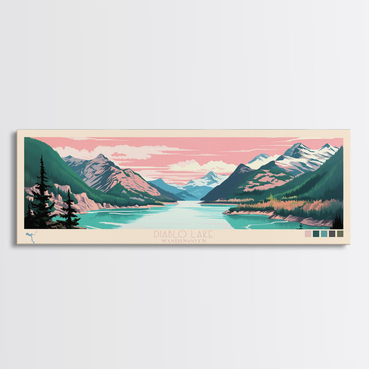 Diablo Lake Washington Framed Canvas Print, Midcentury Modern Panoramic Wall Art, Bedroom Decor, Pop Art, Travel Poster Art, Scenic Nature Painting