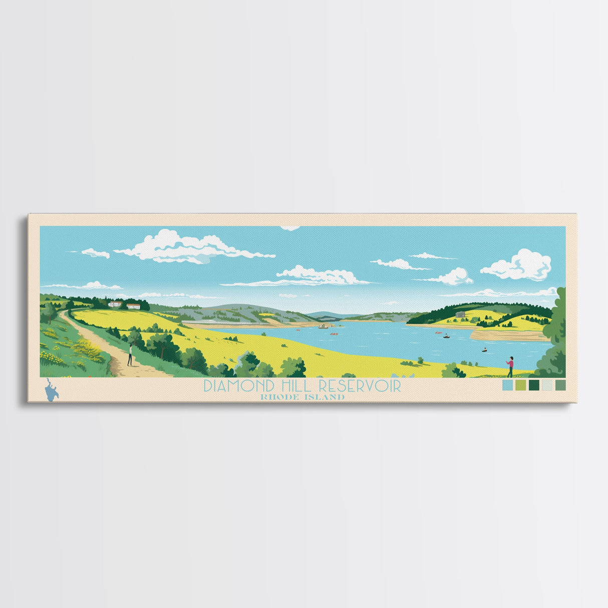 Diamond Hill Reservoir Rhode Island Framed Canvas Print, Midcentury Modern Panoramic Wall Art, Living Room Decor, Pop Art, Travel Poster Art, Scenic Nature Painting