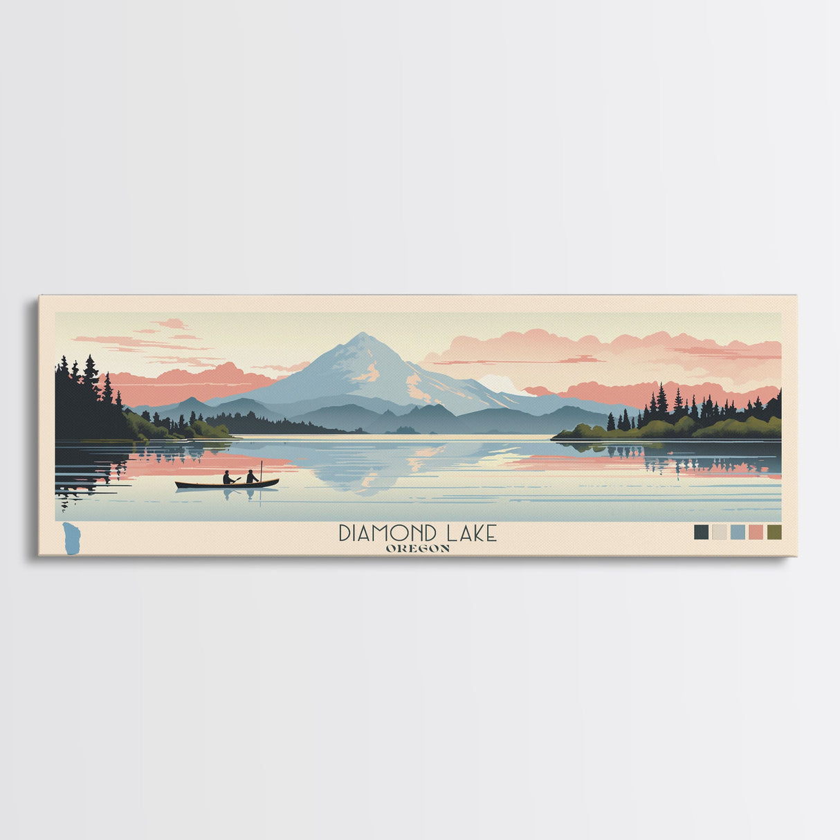 Diamond Lake Oregon Framed Canvas Print, Midcentury Modern Panoramic Wall Art, Bedroom Decor, Pop Art, Travel Poster Art, Scenic Nature Painting