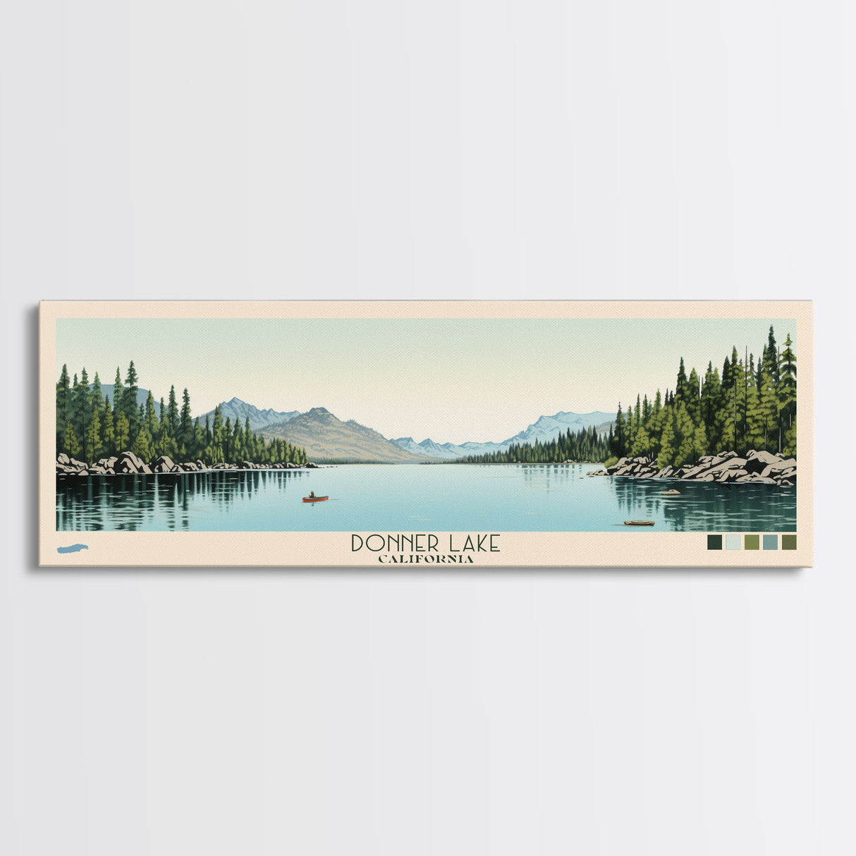 Donner Lake California Framed Canvas Print, Midcentury Modern Panoramic Wall Art, Bedroom Decor, Pop Art, Travel Poster Art, Scenic Nature Painting