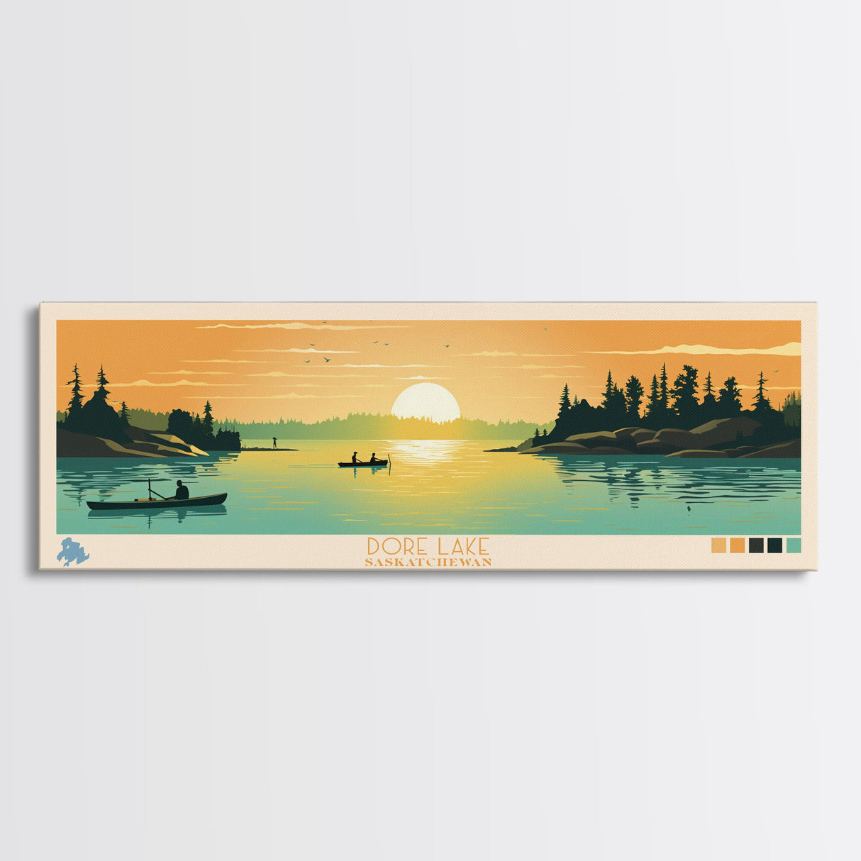 Dore Lake Saskatchewan Framed Canvas Print, Midcentury Modern Panoramic Wall Art, Living Room Decor, Pop Art, Travel Poster Art, Scenic Nature Painting