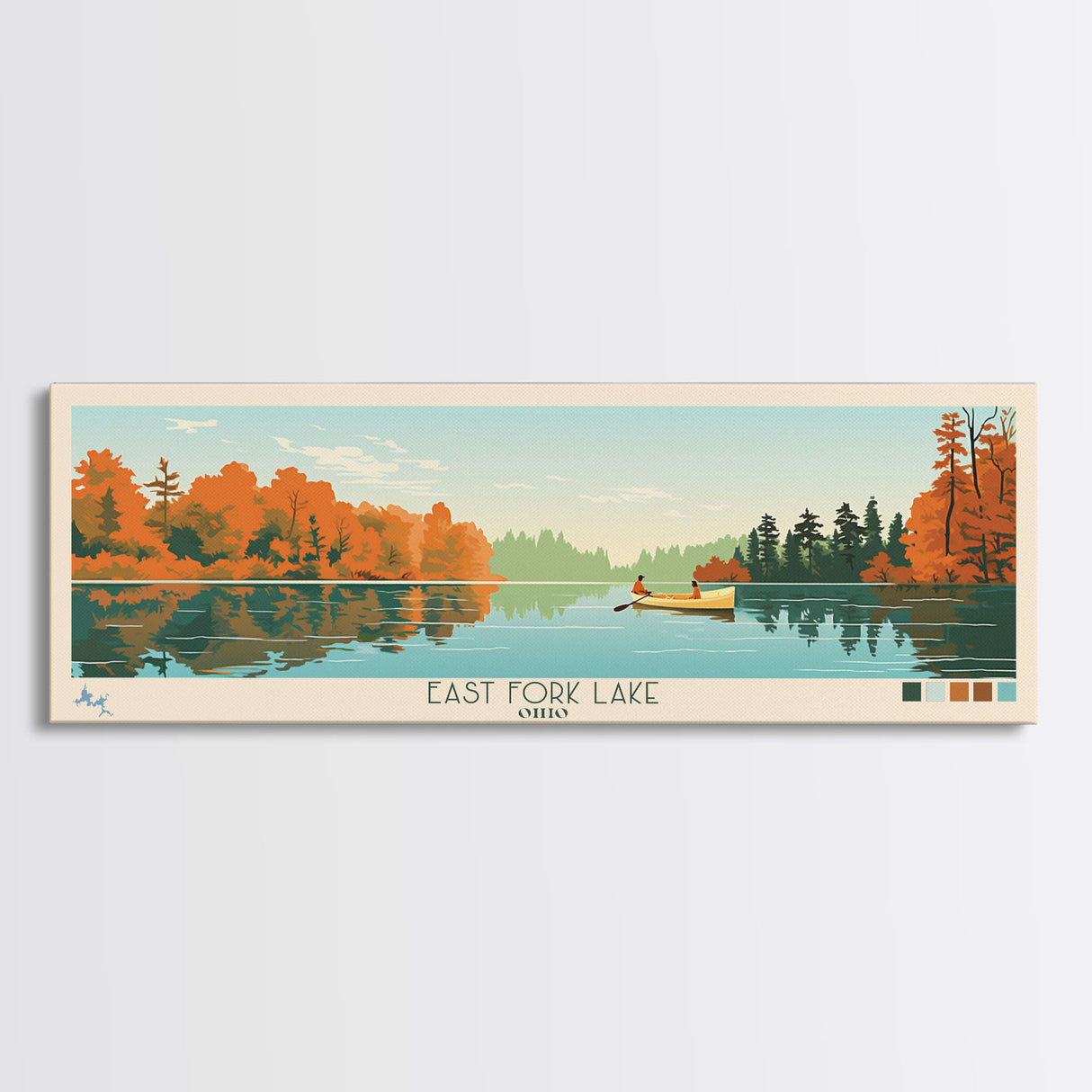 East Fork Lake Ohio Framed Canvas Print, Panoramic Wall Art, Midcentury Modern, Pop Art, Bedroom Decor, Travel Poster, Artistic Lake Painting