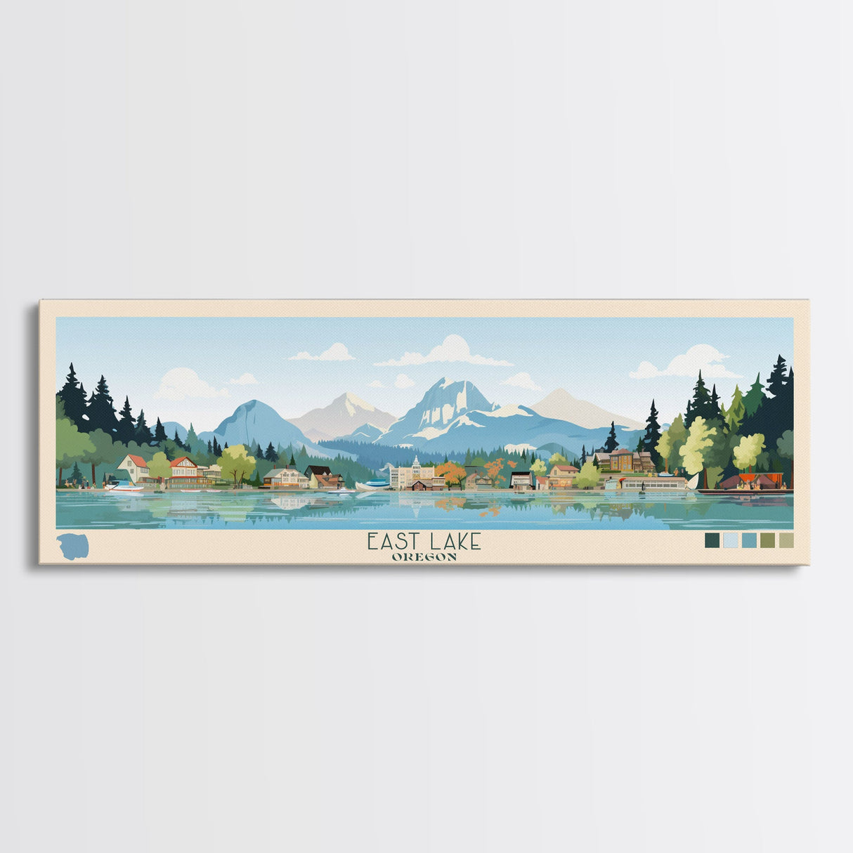 East Lake Oregon Framed Canvas Print, Panoramic Landscape Art, Midcentury Modern, Pop Art, Living Room Wall Art, Travel Poster, Beautiful Nature Art