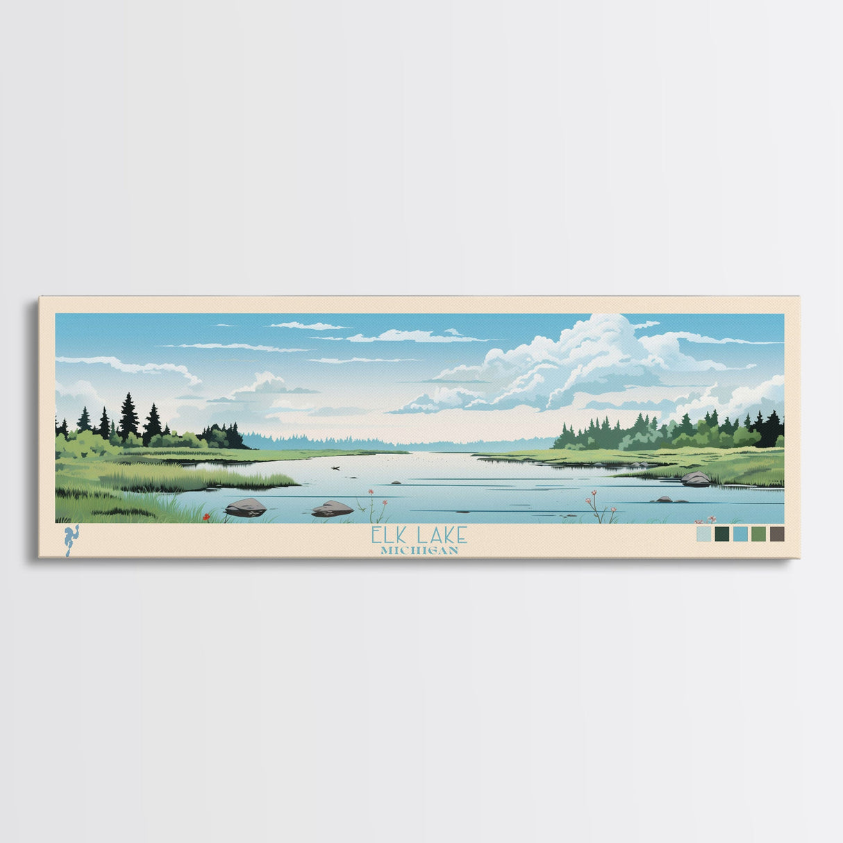 Elk Lake Michigan Framed Canvas Print, Panoramic Wall Art, Midcentury Modern, Pop Art, Bedroom Decor, Travel Poster, Nature Art