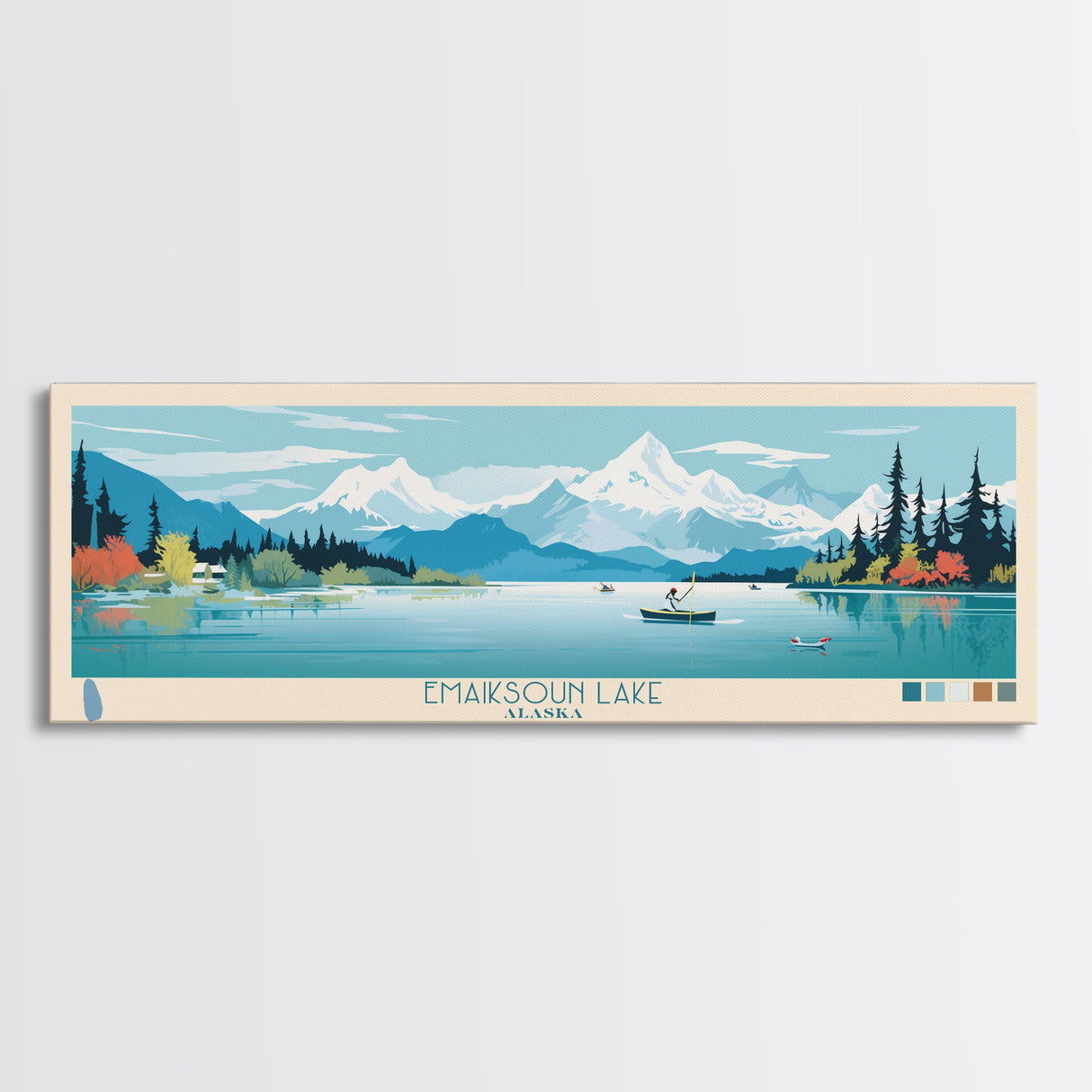 Emaiksoun Lake Alaska Framed Canvas Print, Panoramic Wall Art, Midcentury Modern, Pop Art, Bedroom Decor, Travel Poster, Nature Art