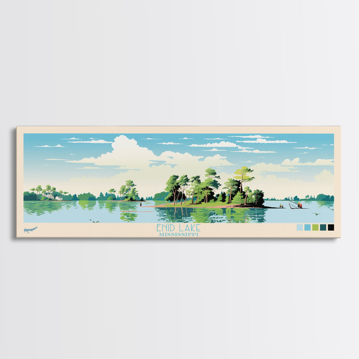 Enid Lake Mississippi Framed Canvas Print, Panoramic Art, Midcentury Modern, Pop Art, Living Room Decor, Travel Poster, Lake Painting