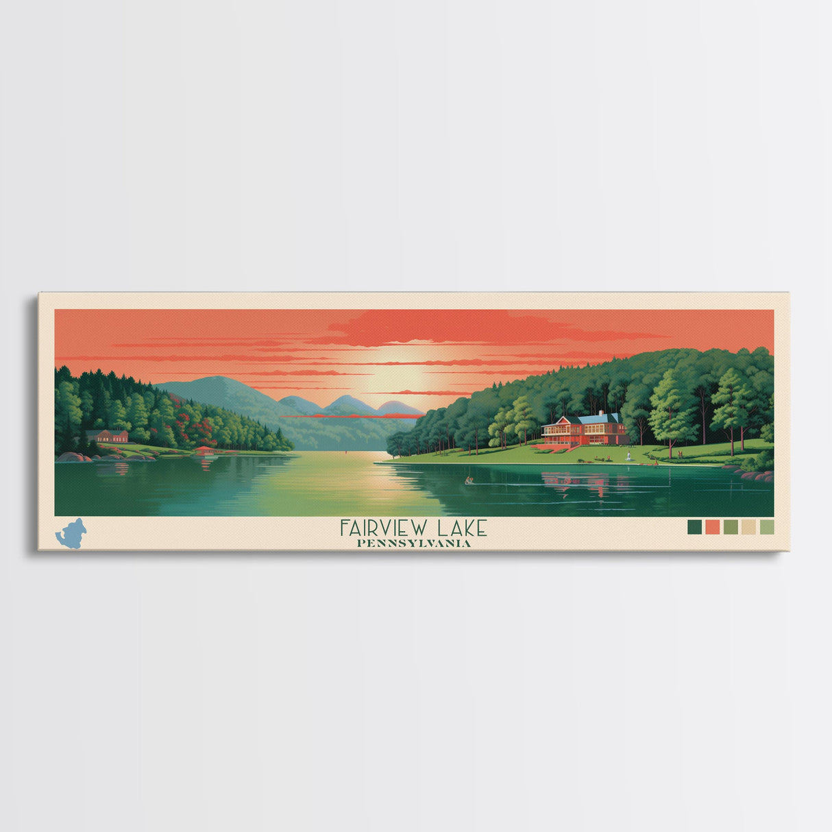 Fairview Lake Pennsylvania Framed Canvas Print, Panoramic Art, Midcentury Modern, Pop Art, Living Room Decor, Travel Poster, Wall Art, Nature Art