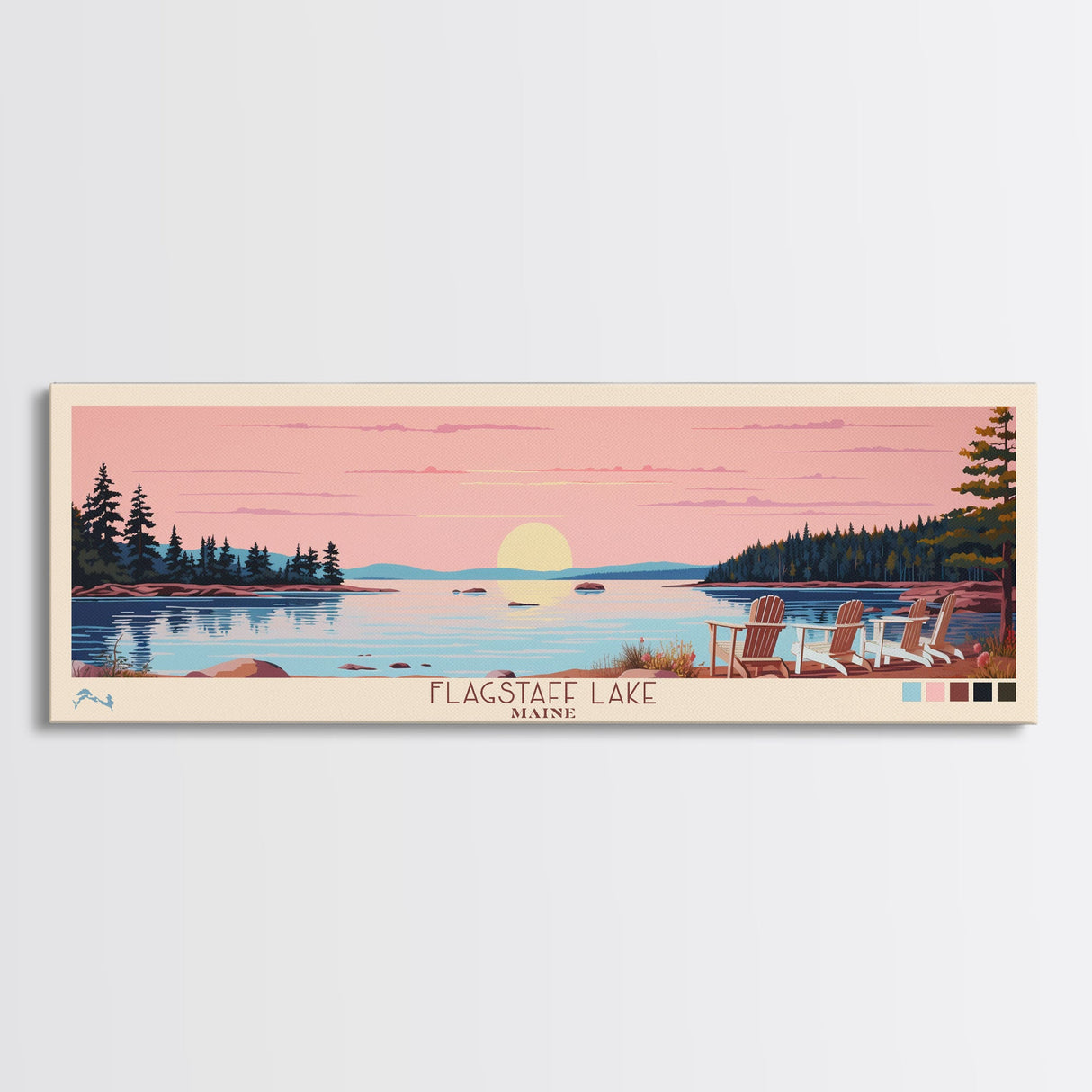 Flagstaff Lake Maine Framed Canvas Print, Panoramic Wall Art, Midcentury Modern, Pop Art, Bedroom Decor, Travel Poster, Artistic Decor, Lake View